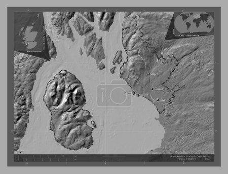 Photo for North Ayrshire, region of Scotland - Great Britain. Bilevel elevation map with lakes and rivers. Locations and names of major cities of the region. Corner auxiliary location maps - Royalty Free Image