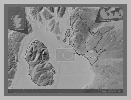 Photo for North Ayrshire, region of Scotland - Great Britain. Grayscale elevation map with lakes and rivers. Locations and names of major cities of the region. Corner auxiliary location maps - Royalty Free Image