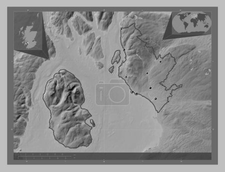 Photo for North Ayrshire, region of Scotland - Great Britain. Grayscale elevation map with lakes and rivers. Locations of major cities of the region. Corner auxiliary location maps - Royalty Free Image