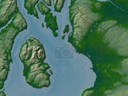 Téléchargez les photos : North Ayrshire, région d'Écosse - Grande-Bretagne. Carte d'altitude colorée avec lacs et rivières - en image libre de droit