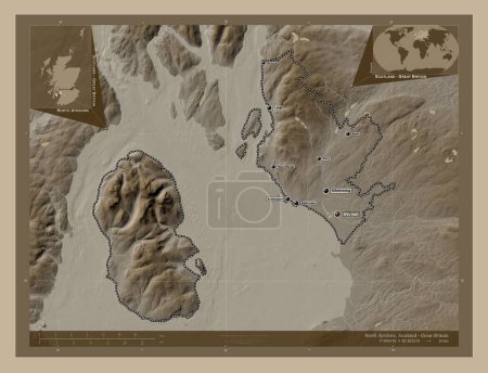 Photo for North Ayrshire, region of Scotland - Great Britain. Elevation map colored in sepia tones with lakes and rivers. Locations and names of major cities of the region. Corner auxiliary location maps - Royalty Free Image