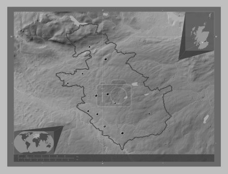 Photo for North Lanarkshire, region of Scotland - Great Britain. Grayscale elevation map with lakes and rivers. Locations of major cities of the region. Corner auxiliary location maps - Royalty Free Image