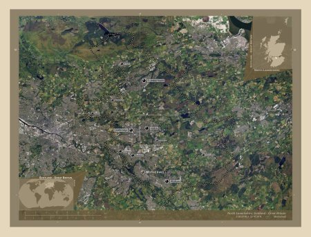 Photo for North Lanarkshire, region of Scotland - Great Britain. High resolution satellite map. Locations and names of major cities of the region. Corner auxiliary location maps - Royalty Free Image