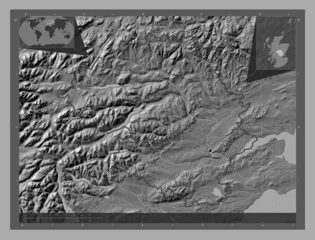 Photo for Perth and Kinross, region of Scotland - Great Britain. Bilevel elevation map with lakes and rivers. Corner auxiliary location maps - Royalty Free Image