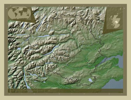 Téléchargez les photos : Perth et Kinross, région d'Écosse - Grande-Bretagne. Carte d'altitude colorée dans le style wiki avec des lacs et des rivières. Emplacements des grandes villes de la région. Corner cartes de localisation auxiliaires - en image libre de droit