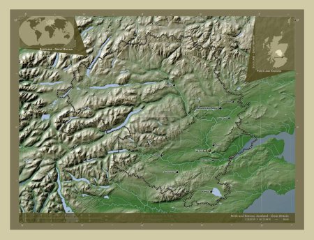 Téléchargez les photos : Perth et Kinross, région d'Écosse - Grande-Bretagne. Carte d'altitude colorée dans le style wiki avec des lacs et des rivières. Emplacements et noms des grandes villes de la région. Corner cartes de localisation auxiliaires - en image libre de droit
