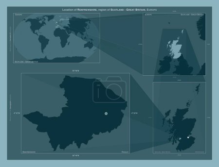 Photo for Renfrewshire, region of Scotland - Great Britain. Diagram showing the location of the region on larger-scale maps. Composition of vector frames and PNG shapes on a solid background - Royalty Free Image