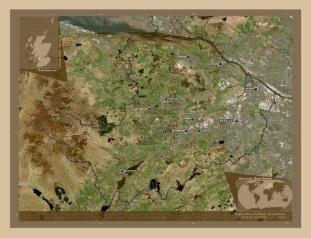 Foto de Renfrewshire, región de Escocia - Gran Bretaña. Mapa satelital de baja resolución. Ubicaciones y nombres de las principales ciudades de la región. Mapas de ubicación auxiliares de esquina - Imagen libre de derechos