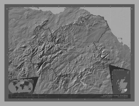 Téléchargez les photos : Scottish Borders, région d'Écosse - Grande-Bretagne. Carte d'altitude de Bilevel avec lacs et rivières. Emplacements et noms des grandes villes de la région. Corner cartes de localisation auxiliaires - en image libre de droit
