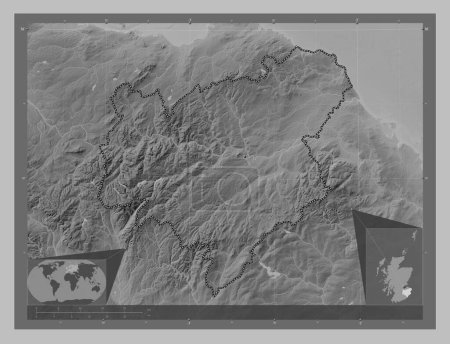 Photo for Scottish Borders, region of Scotland - Great Britain. Grayscale elevation map with lakes and rivers. Corner auxiliary location maps - Royalty Free Image