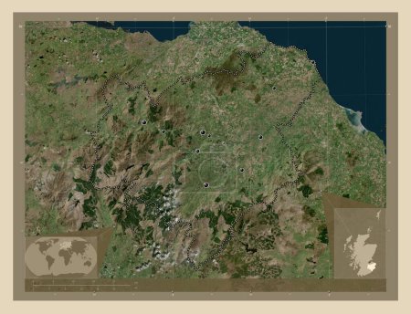 Foto de Scottish Borders, región de Escocia - Gran Bretaña. Mapa satelital de alta resolución. Ubicaciones de las principales ciudades de la región. Mapas de ubicación auxiliares de esquina - Imagen libre de derechos