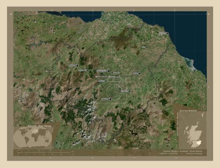 Foto de Scottish Borders, región de Escocia - Gran Bretaña. Mapa satelital de alta resolución. Ubicaciones y nombres de las principales ciudades de la región. Mapas de ubicación auxiliares de esquina - Imagen libre de derechos