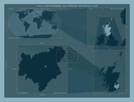 Téléchargez les photos : Scottish Borders, région d'Écosse - Grande-Bretagne. Diagramme montrant l'emplacement de la région sur des cartes à plus grande échelle. Composition des cadres vectoriels et des formes PNG sur un fond solide - en image libre de droit