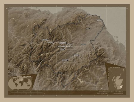 Photo for Scottish Borders, region of Scotland - Great Britain. Elevation map colored in sepia tones with lakes and rivers. Locations and names of major cities of the region. Corner auxiliary location maps - Royalty Free Image