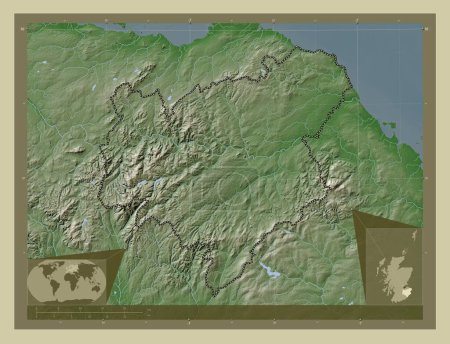 Téléchargez les photos : Scottish Borders, région d'Écosse - Grande-Bretagne. Carte d'altitude colorée dans le style wiki avec des lacs et des rivières. Corner cartes de localisation auxiliaires - en image libre de droit