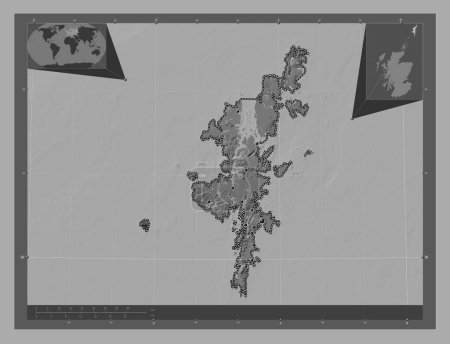 Téléchargez les photos : Îles Shetland, région d'Écosse - Grande-Bretagne. Carte d'altitude de Bilevel avec lacs et rivières. Emplacements des grandes villes de la région. Corner cartes de localisation auxiliaires - en image libre de droit