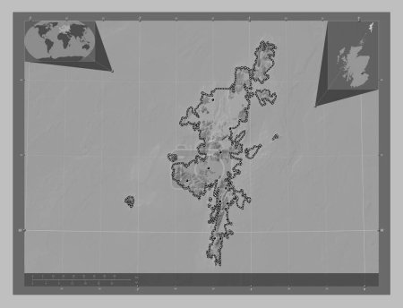Foto de Islas Shetland, región de Escocia - Gran Bretaña. Mapa de elevación a escala de grises con lagos y ríos. Ubicaciones de las principales ciudades de la región. Mapas de ubicación auxiliares de esquina - Imagen libre de derechos