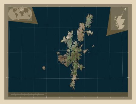Foto de Islas Shetland, región de Escocia - Gran Bretaña. Mapa satelital de alta resolución. Ubicaciones de las principales ciudades de la región. Mapas de ubicación auxiliares de esquina - Imagen libre de derechos
