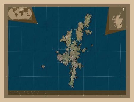 Foto de Islas Shetland, región de Escocia - Gran Bretaña. Mapa satelital de baja resolución. Ubicaciones de las principales ciudades de la región. Mapas de ubicación auxiliares de esquina - Imagen libre de derechos