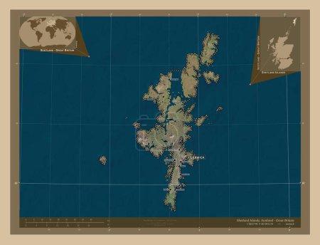 Foto de Islas Shetland, región de Escocia - Gran Bretaña. Mapa satelital de baja resolución. Ubicaciones y nombres de las principales ciudades de la región. Mapas de ubicación auxiliares de esquina - Imagen libre de derechos