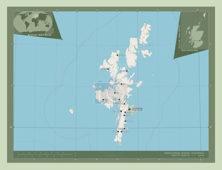 Téléchargez les photos : Îles Shetland, région d'Écosse - Grande-Bretagne. Ouvrir la carte routière. Emplacements et noms des grandes villes de la région. Corner cartes de localisation auxiliaires - en image libre de droit
