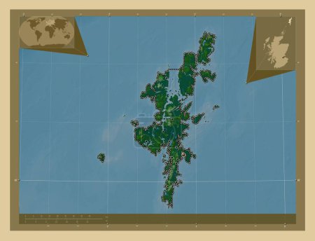 Téléchargez les photos : Îles Shetland, région d'Écosse - Grande-Bretagne. Carte d'altitude colorée avec lacs et rivières. Emplacements des grandes villes de la région. Corner cartes de localisation auxiliaires - en image libre de droit