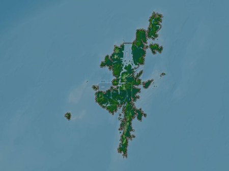 Téléchargez les photos : Îles Shetland, région d'Écosse - Grande-Bretagne. Carte d'altitude colorée avec lacs et rivières - en image libre de droit