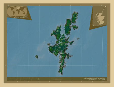 Téléchargez les photos : Îles Shetland, région d'Écosse - Grande-Bretagne. Carte d'altitude colorée avec lacs et rivières. Emplacements et noms des grandes villes de la région. Corner cartes de localisation auxiliaires - en image libre de droit