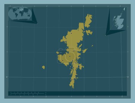 Foto de Islas Shetland, región de Escocia - Gran Bretaña. Forma de color sólido. Ubicaciones de las principales ciudades de la región. Mapas de ubicación auxiliares de esquina - Imagen libre de derechos