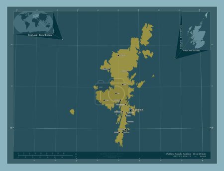 Foto de Islas Shetland, región de Escocia - Gran Bretaña. Forma de color sólido. Ubicaciones y nombres de las principales ciudades de la región. Mapas de ubicación auxiliares de esquina - Imagen libre de derechos