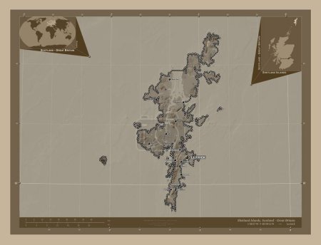 Téléchargez les photos : Îles Shetland, région d'Écosse - Grande-Bretagne. Carte d'altitude colorée dans des tons sépia avec des lacs et des rivières. Emplacements et noms des grandes villes de la région. Corner cartes de localisation auxiliaires - en image libre de droit