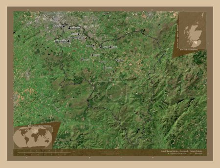 Téléchargez les photos : Lanarkshire du Sud, région d'Écosse - Grande-Bretagne. Carte satellite basse résolution. Emplacements et noms des grandes villes de la région. Corner cartes de localisation auxiliaires - en image libre de droit