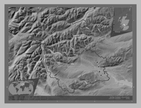 Photo for Stirling, region of Scotland - Great Britain. Grayscale elevation map with lakes and rivers. Locations and names of major cities of the region. Corner auxiliary location maps - Royalty Free Image