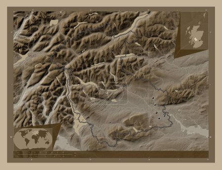 Photo for Stirling, region of Scotland - Great Britain. Elevation map colored in sepia tones with lakes and rivers. Locations of major cities of the region. Corner auxiliary location maps - Royalty Free Image