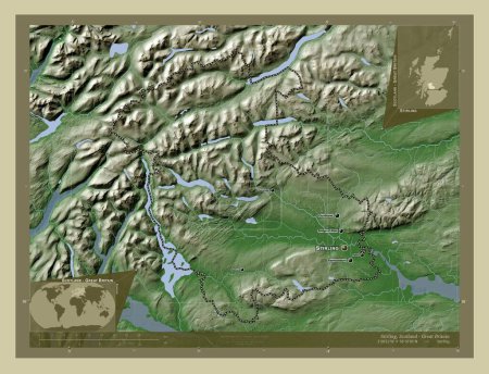 Foto de Stirling, región de Escocia - Gran Bretaña. Mapa de elevación coloreado en estilo wiki con lagos y ríos. Ubicaciones y nombres de las principales ciudades de la región. Mapas de ubicación auxiliares de esquina - Imagen libre de derechos