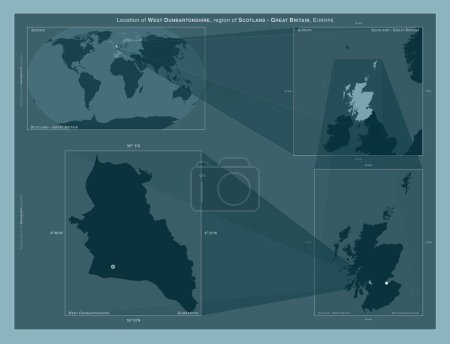 Photo for West Dunbartonshire, region of Scotland - Great Britain. Diagram showing the location of the region on larger-scale maps. Composition of vector frames and PNG shapes on a solid background - Royalty Free Image