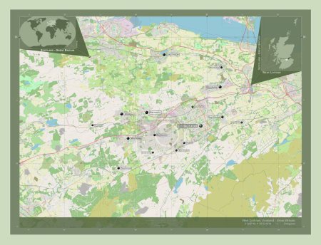Foto de West Lothian, región de Escocia - Gran Bretaña. Open Street Map. Ubicaciones y nombres de las principales ciudades de la región. Mapas de ubicación auxiliares de esquina - Imagen libre de derechos