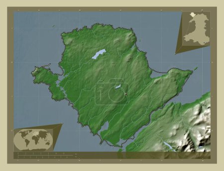 Foto de Isla de Anglesey, región de Gales - Gran Bretaña. Mapa de elevación coloreado en estilo wiki con lagos y ríos. Mapas de ubicación auxiliares de esquina - Imagen libre de derechos