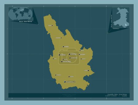 Foto de Caerphilly, región de Gales - Gran Bretaña. Forma de color sólido. Ubicaciones y nombres de las principales ciudades de la región. Mapas de ubicación auxiliares de esquina - Imagen libre de derechos