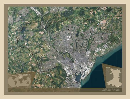 Téléchargez les photos : Cardiff, région du Pays de Galles - Grande-Bretagne. Carte satellite haute résolution. Emplacements et noms des grandes villes de la région. Corner cartes de localisation auxiliaires - en image libre de droit