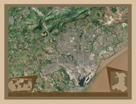 Foto de Cardiff, región de Gales - Gran Bretaña. Mapa satelital de baja resolución. Ubicaciones de las principales ciudades de la región. Mapas de ubicación auxiliares de esquina - Imagen libre de derechos