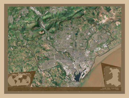 Foto de Cardiff, región de Gales - Gran Bretaña. Mapa satelital de baja resolución. Ubicaciones y nombres de las principales ciudades de la región. Mapas de ubicación auxiliares de esquina - Imagen libre de derechos