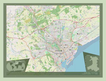 Photo for Cardiff, region of Wales - Great Britain. Open Street Map. Locations and names of major cities of the region. Corner auxiliary location maps - Royalty Free Image