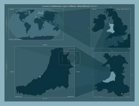 Photo for Ceredigion, region of Wales - Great Britain. Diagram showing the location of the region on larger-scale maps. Composition of vector frames and PNG shapes on a solid background - Royalty Free Image