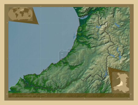 Foto de Ceredigion, región de Gales - Gran Bretaña. Mapa de elevación de colores con lagos y ríos. Mapas de ubicación auxiliares de esquina - Imagen libre de derechos