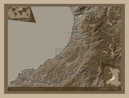 Photo for Ceredigion, region of Wales - Great Britain. Elevation map colored in sepia tones with lakes and rivers. Locations and names of major cities of the region. Corner auxiliary location maps - Royalty Free Image