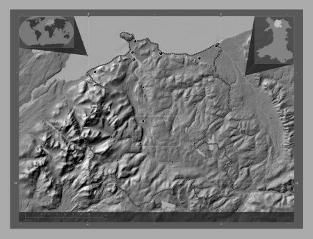 Photo for Conwy, region of Wales - Great Britain. Bilevel elevation map with lakes and rivers. Locations of major cities of the region. Corner auxiliary location maps - Royalty Free Image