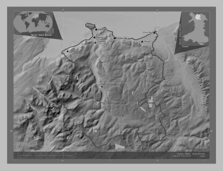 Photo for Conwy, region of Wales - Great Britain. Grayscale elevation map with lakes and rivers. Locations and names of major cities of the region. Corner auxiliary location maps - Royalty Free Image