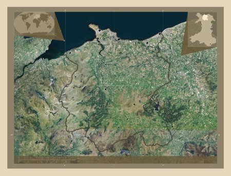Foto de Conwy, región de Gales - Gran Bretaña. Mapa satelital de alta resolución. Ubicaciones de las principales ciudades de la región. Mapas de ubicación auxiliares de esquina - Imagen libre de derechos