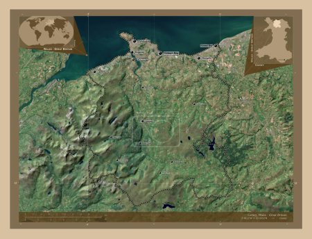 Téléchargez les photos : Conwy, région du Pays de Galles - Grande-Bretagne. Carte satellite basse résolution. Emplacements et noms des grandes villes de la région. Corner cartes de localisation auxiliaires - en image libre de droit